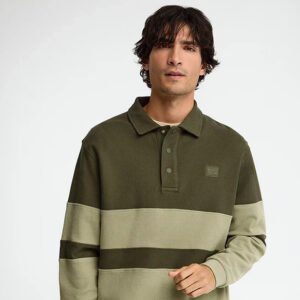Military green striped sweatshirt with polo collar and Polo Club patch